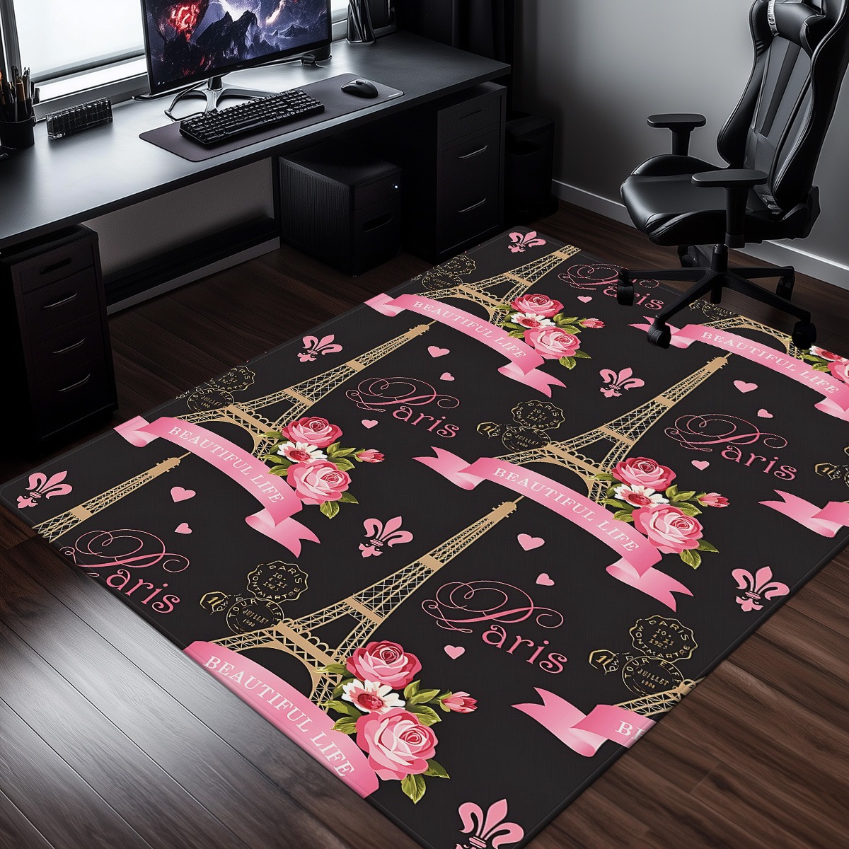 Home Textiles Paris - パリ エッフェル塔 ローズピンク クリスタルベルベット ラグ ロマンチックなフランスのテーマ