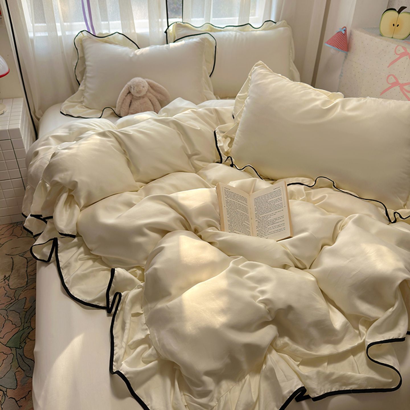 Silk Sheet Set - 高級アイスシルク冷却寝具セット、夏用洗えるシルク3/4点セット掛け布団カバー/シーツ、学生寮用フィットシーツ