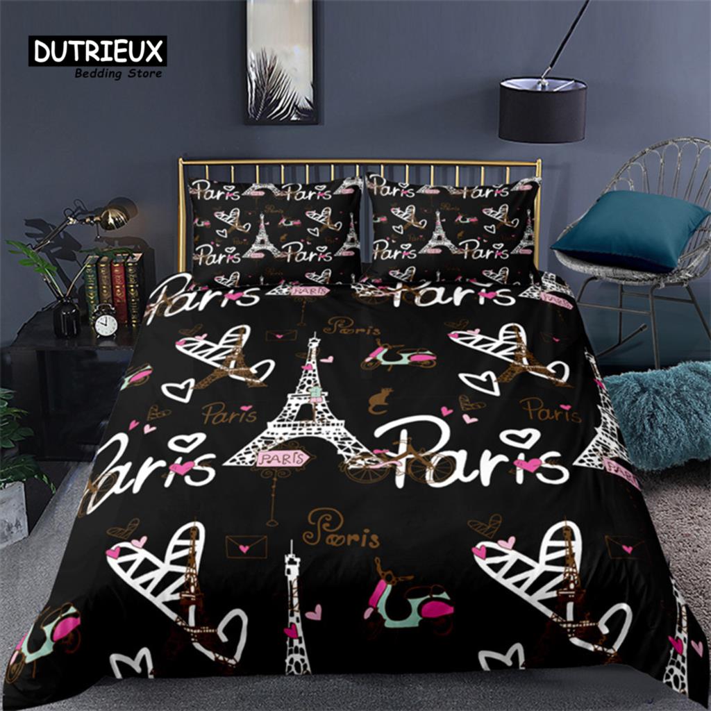 Home Textiles Paris - ソフトパリのエッフェル塔の掛け布団カバーセット,3Dプリントの愛の心,キングとクイーンの寝具セット,マイクロファイバーの掛け布団カバー,ホームテキスタイル,2個,3個