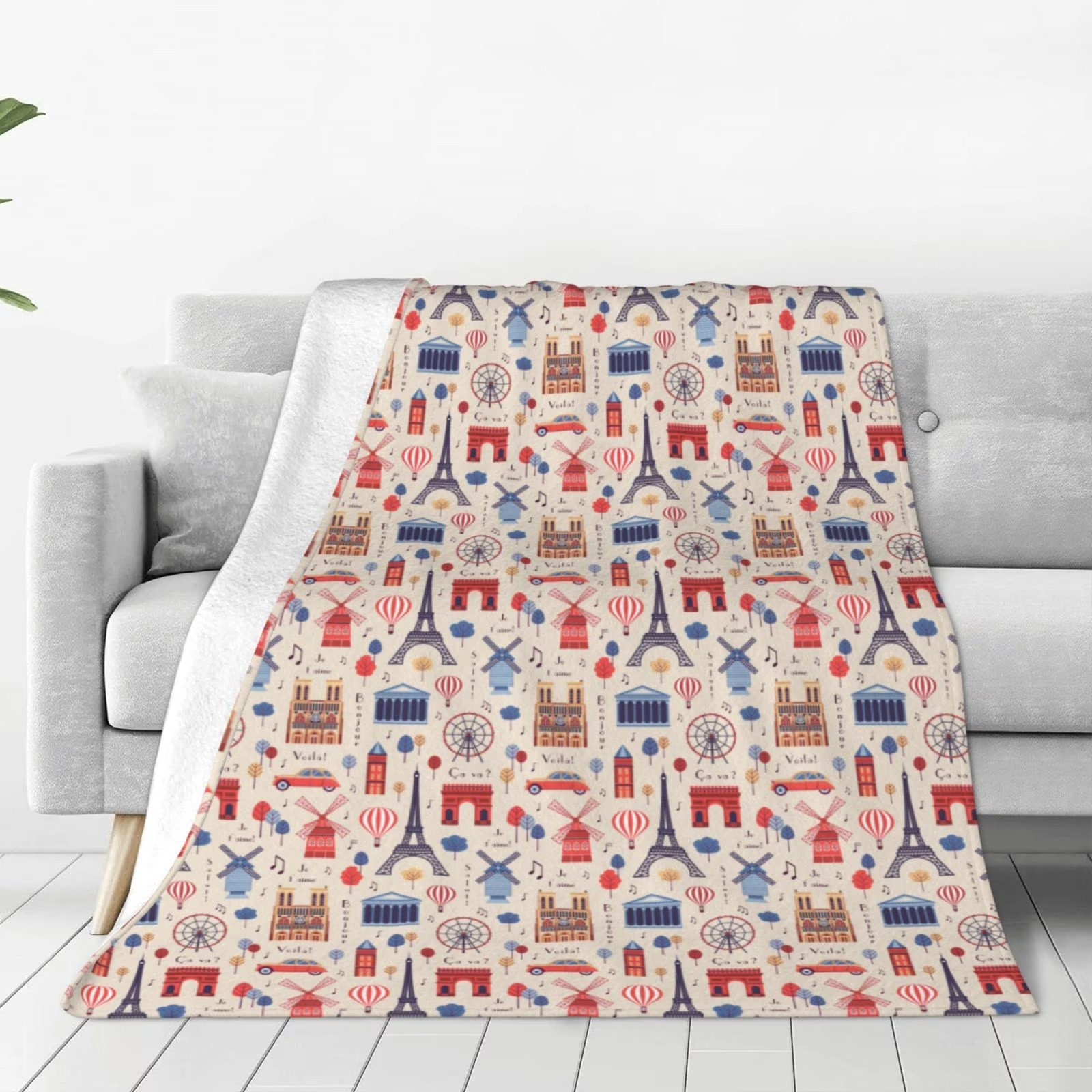 Home Textiles Paris - パリのランドマークプリント シェルパフリーススローブランケット ふわふわの豪華なホームデコレーション