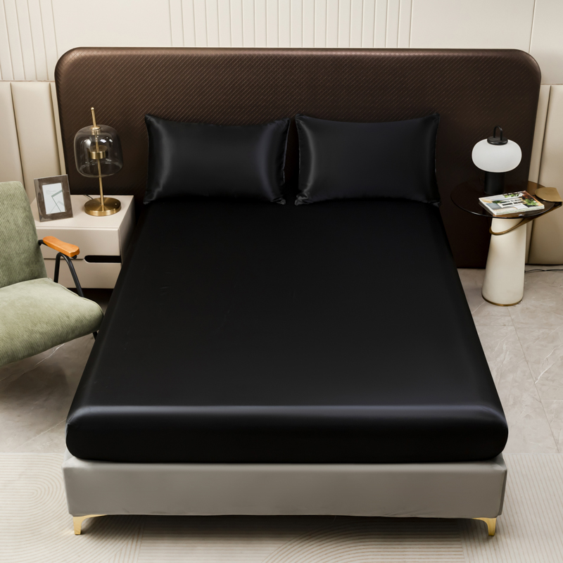Silk Sheet Set - ゴムバンド付きの黒いサテンのシーツ,氷の絹のマットレスカバー,ツイン,フル,クイーン,キング,単色の枕カバー,3個