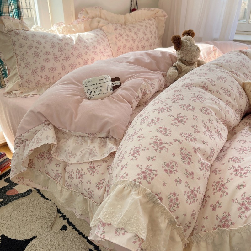 Silk Sheet Set - 新しい古代シルクレース4点セット フレンチフローラル柄布団カバー ベッドシーツ 寮用3点セット