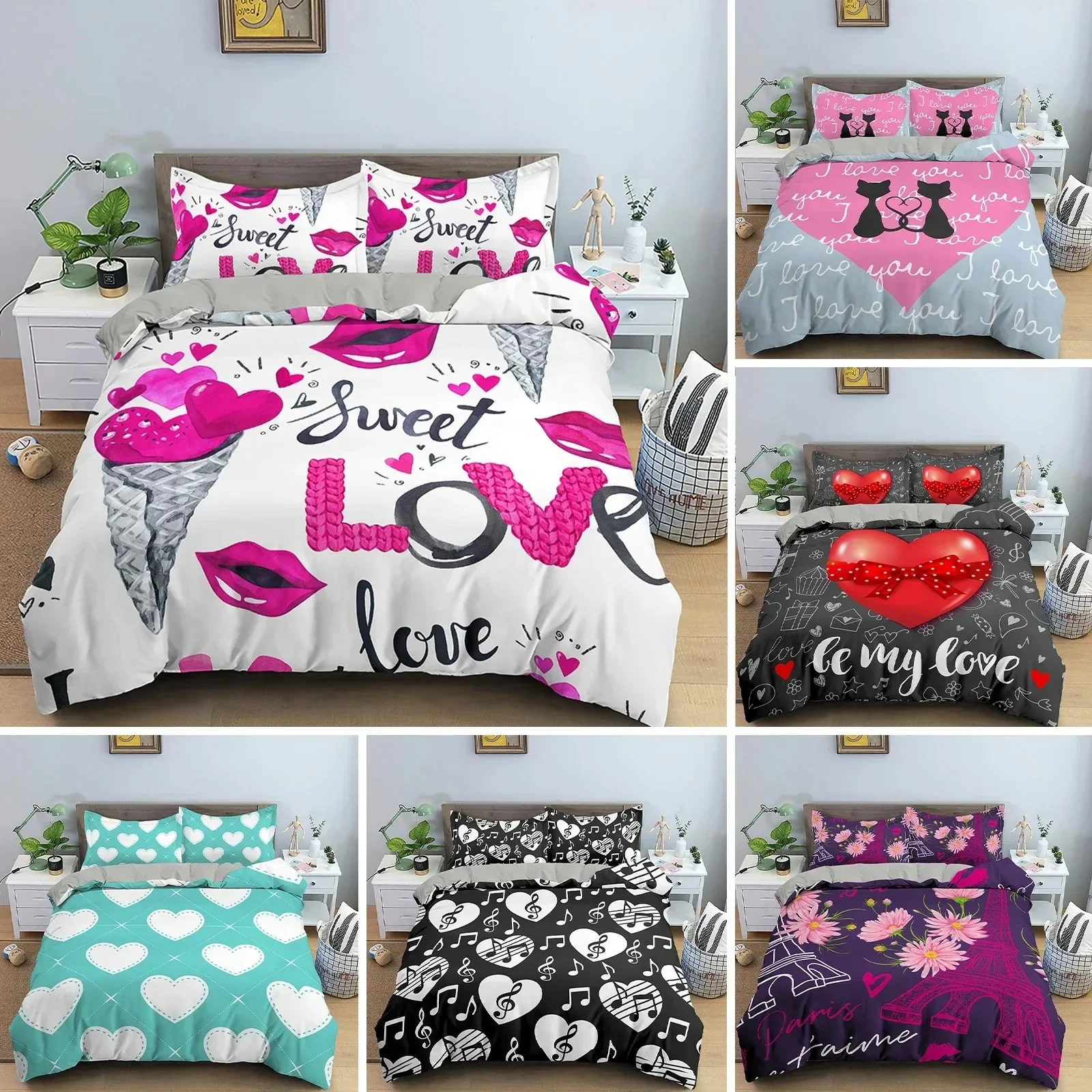 Home Textiles Paris - 3D ラブハート布団カバーパリタワー寝具セットベッドリネンホームテキスタイル寝具ソフトベッドセットクイーンキングサイズ子供用