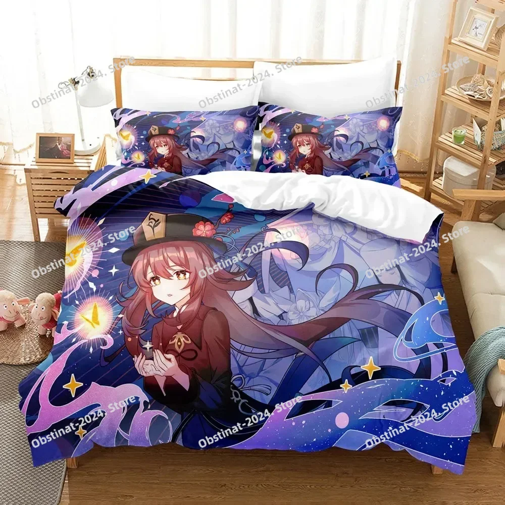 Home Textiles Bedding - 胡桃寝具セット原神インパクト布団カバー3Dゲームホームテキスタイル枕カバー付きティーンエイジャー大人子供男性女性寝室の装飾用