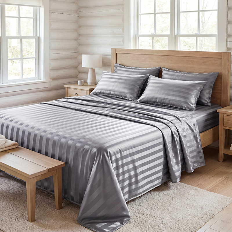 Silk Sheet Set - しわになりにくいストライプサテンベッドシーツセット、冷却シルク寝具セット（深型フィットシーツ、フラットシーツ、枕カバー付き）