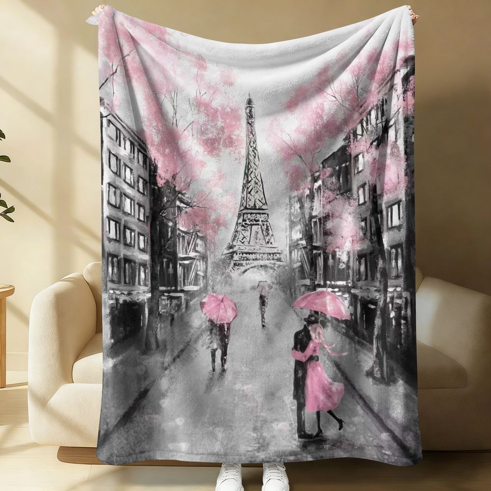 Home Textiles Paris - パリの雨の日 ロマンチックなフランネルフリースブランケット エッフェル塔 カップル ピンクの傘 快適なスローケット
