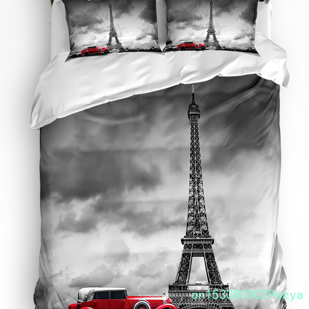 Home Textiles Paris - パリのエッフェル塔と赤い車柄の掛け布団カバーと枕カバー、カスタム3点寝具セット、キルトカバー、ダブルベッド用ホームテキスタイル