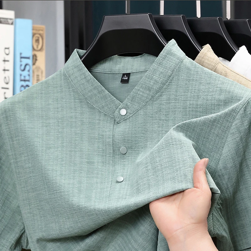 夏用スタンドカラーハーフボタンメンズシャツ軽量テキスタイルブ - Textiles For Home のレビューと価格