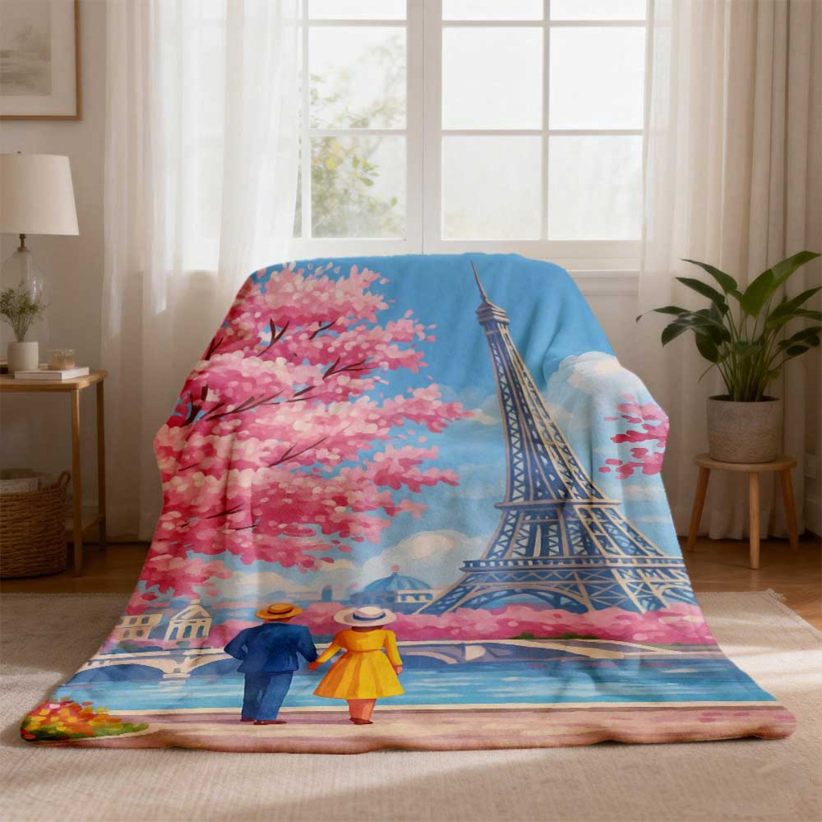 エッフェル塔と桜のカップル柄フランネルブランケット、柔らかく - Home Textiles Paris のレビューと価格