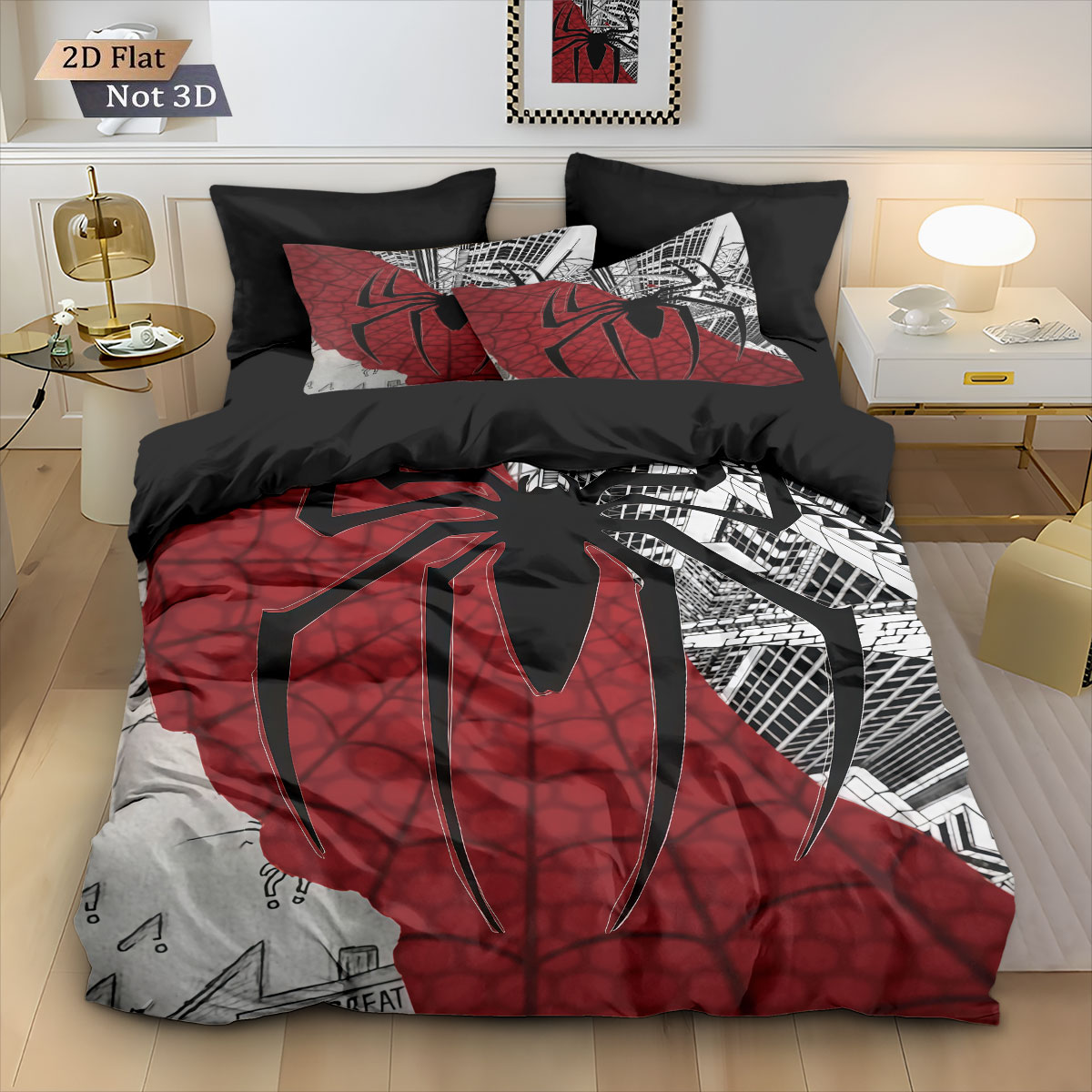 3 個の黒いクモのコントラストプリント布団セット、マルチサイ - Home Textiles Bedding のレビューと価格